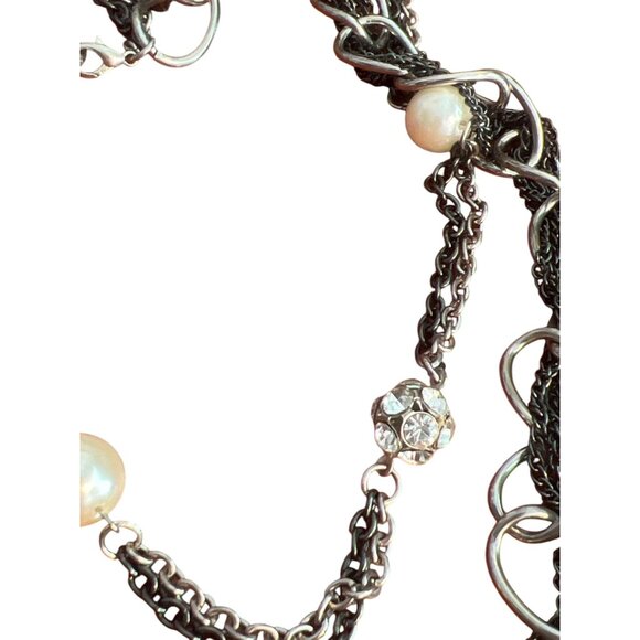 Layered Black Silver Tone Chain Necklace Faux Pearls Rhinestone Beads 26" - Picture 3 of 4
